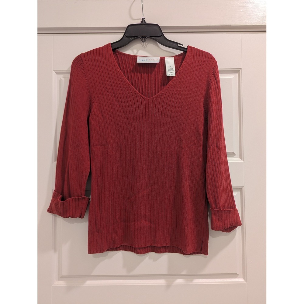 First Issue Liz Claiborne Red Ribbed V-Neck Cotton Sweater 3/4 Cuff Sleeve M